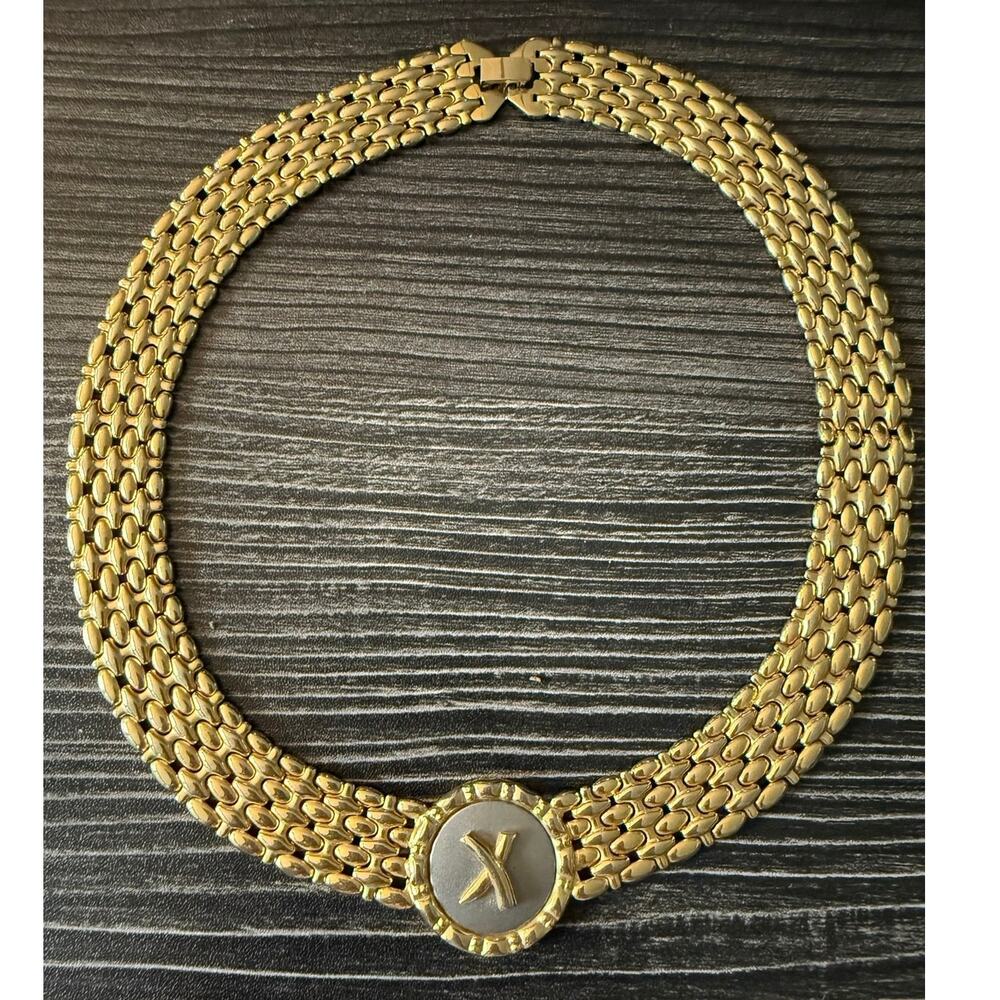 Vintage Gold Tone Panther Mesh Watch Link Choker Necklace TwoTone X Accent Clasp